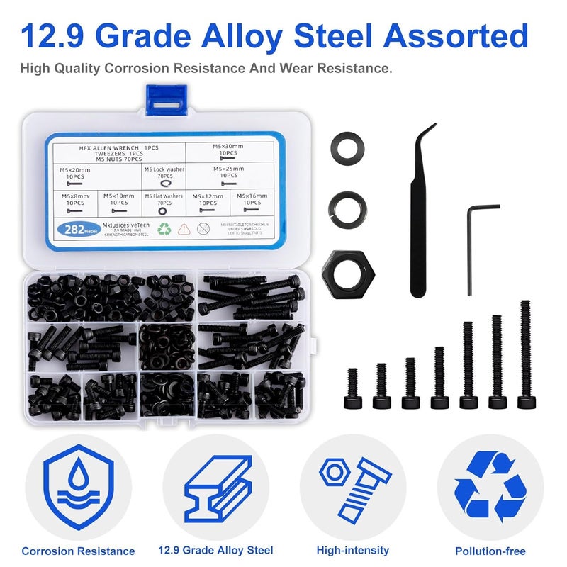 MklusiveTech 282 Pcs M5 Screw Metric Hex Socket Head Cap Bolts M5x8mm 10mm 12mm 16mm 20mm 25mm 30mm Washers Screws and Nuts High Strength Grade 12.9 Black Zinc Plated (Black 282Pcs M5(8mm-30mm)) - Image 3